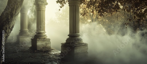 Misty columns emerge from fog in a dreamlike setting with warm earth tones and soft lighting creating an enchanting aura of mystery and wonder.