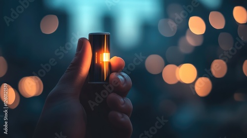 A hand holding a single AA battery against a blurred background, leaving ample negative space. photo