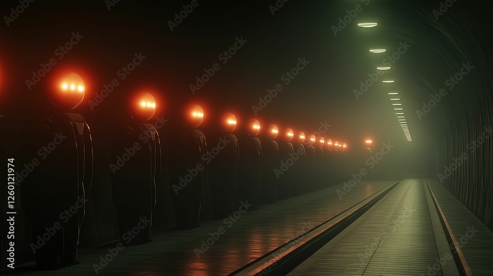 Ai robots patrolling a dark subway station urban environment digital futuristic viewpoint technology concept Ai robots patrolling a dark subway station urban environment digital futuristic viewpoint technology concept