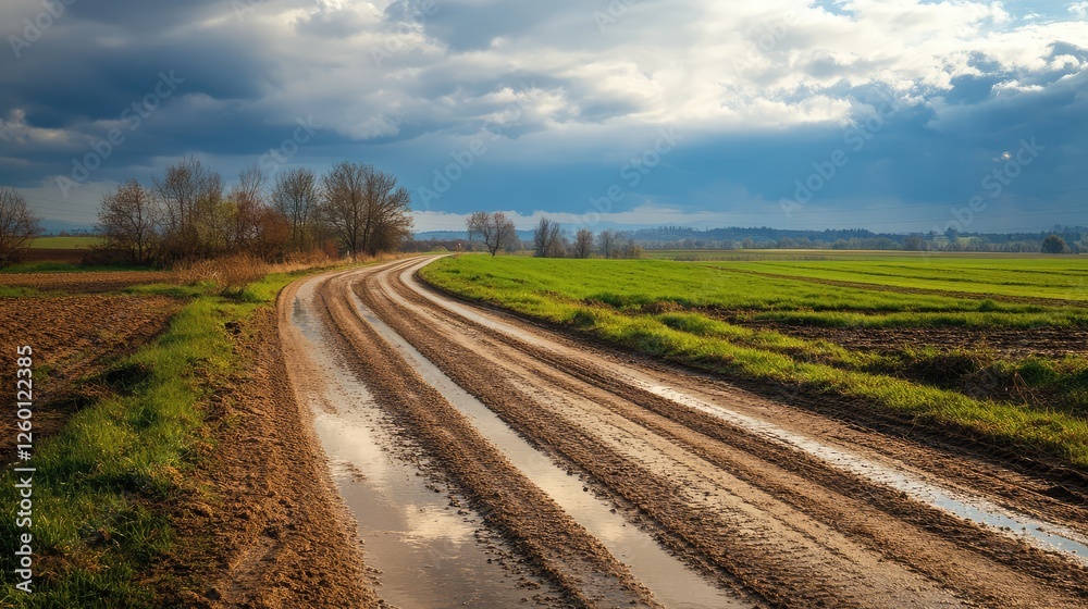A highway surrounded by open farmland, with tractor tire tracks visible on the nearby dirt road.