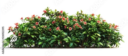 Tropical flowering bush with lush green leaves and vibrant red flowers, centered on a white background, perfect for botanical design and decor.