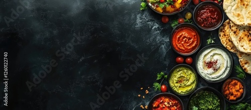 Colorful assortment of dips and sauces in black bowls with fresh herbs and vegetables on a dark textured background creating a vibrant composition