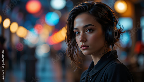 Young woman with headphones in vibrant urban setting  night lights