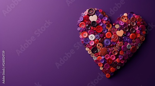 A creative heart design made entirely of colorful buttons in shades of red, pink, and purple, set against a vibrant purple background. Ideal for crafts and love themes. AI generated.