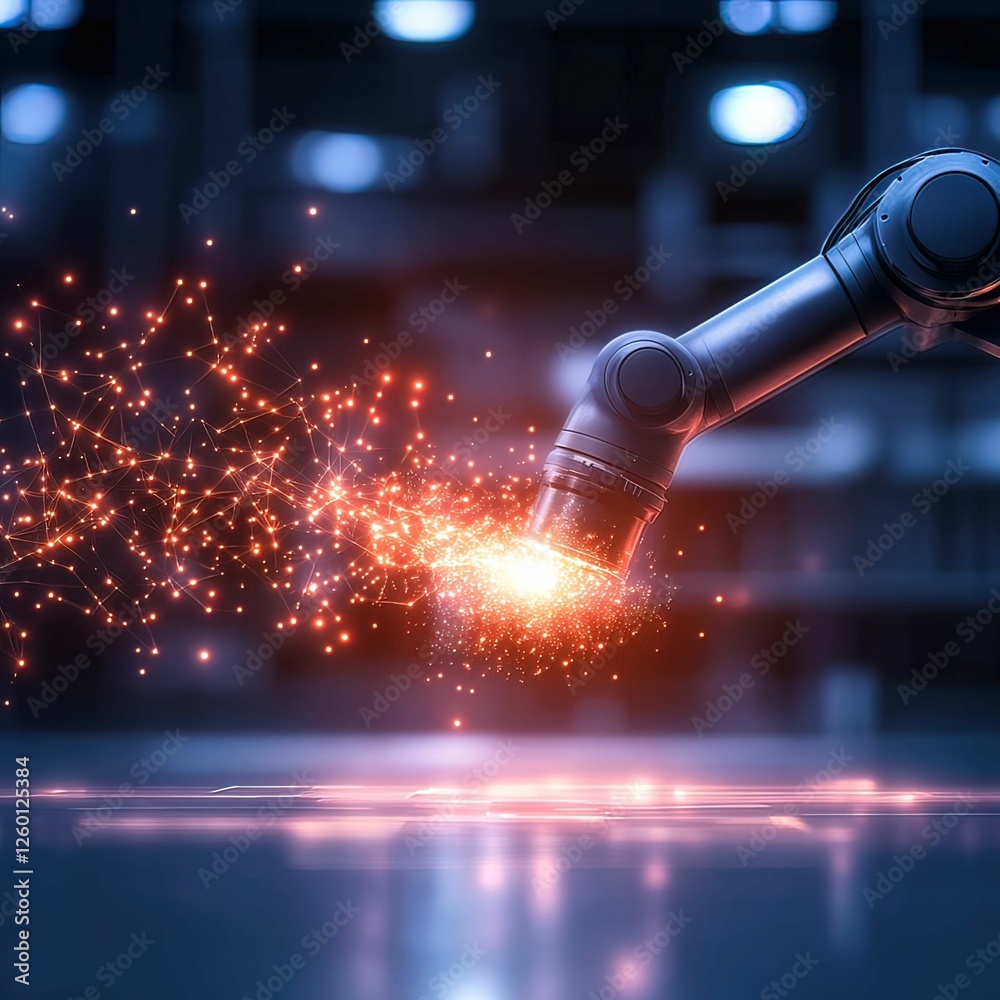 Obraz premium Glitching robotic arm in smart factory industrial automation technology environment futuristic perspective innovation concept