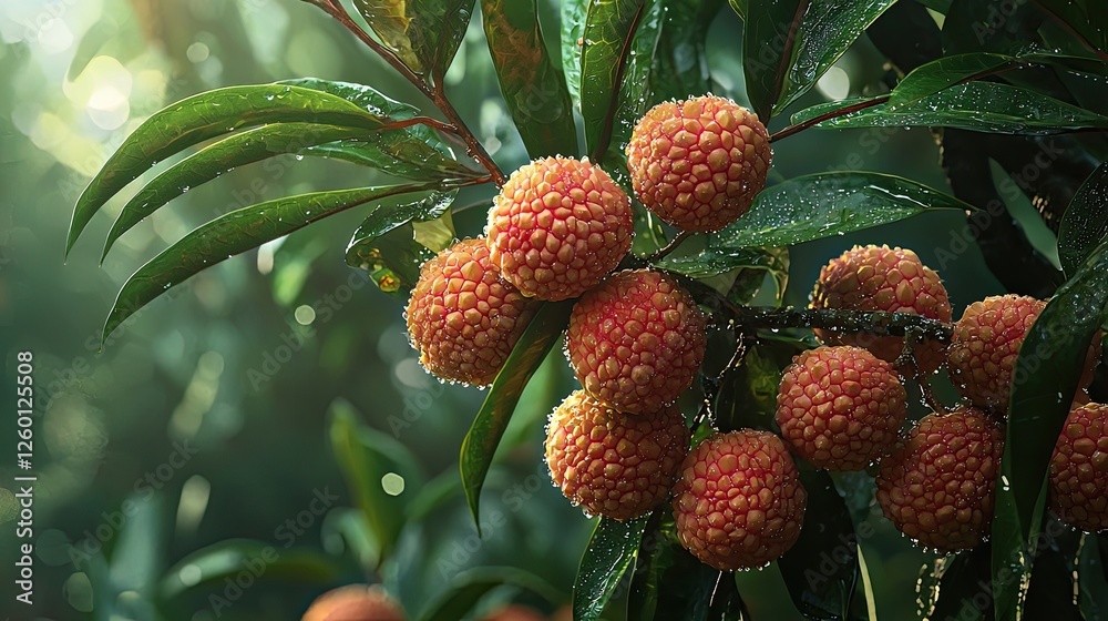 Lush rainforest scene with ripe lychee fruits covered in raindrops. Dense green foliage and misty atmosphere create a tropical and exotic environment. Generative AI. Lush rainforest scene with ripe lychee fruits covered in raindrops. Dense green foliage and misty atmosphere create a tropical and exotic environment. Generative AI.