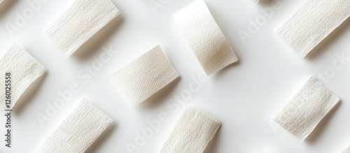 Empty olecranon bandages arranged in a scattered pattern on a bright white backdrop showcasing their texture and clean appearance. photo