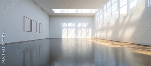 Modern empty art gallery with large windows casting soft shadows on polished concrete floor  white walls awaiting artwork display.