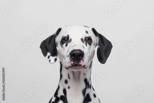 Elegant Dalmatian with striking black spots stands against minim photo