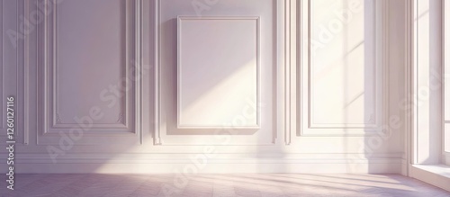 Minimalistic gallery exhibition space with an empty white frame against a light pastel wall  soft shadows  and natural sunlight illuminating the floor.