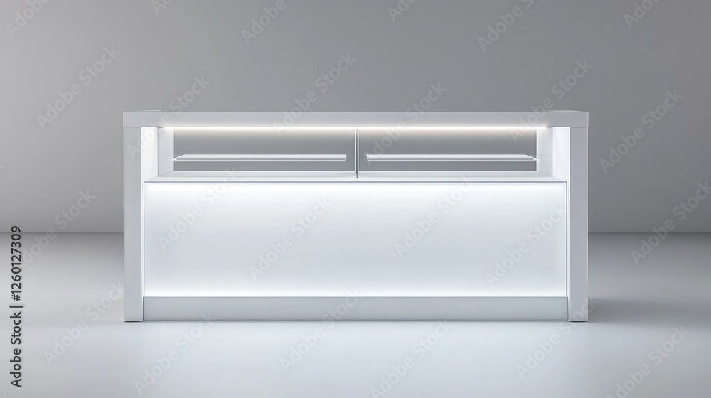 A modern white showcase display with elegant lighting and a sleek surface, with ample space for adding branding or design elements. A modern white showcase display with elegant lighting and a sleek surface, with ample space for adding branding or design elements.
