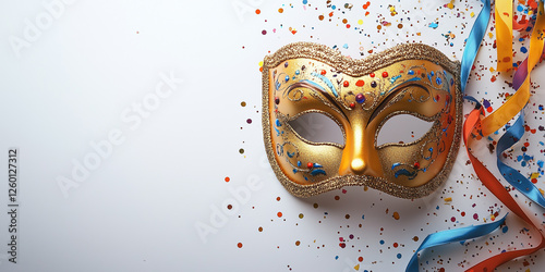Golden Purim mask with festive ribbons and confetti on white background, decorative holiday design with copy space