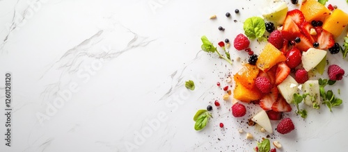 Fototapeta Naklejka Na Ścianę i Meble -  Vibrant assortment of fresh fruits including strawberries, melons, and berries on a white marble surface with scattered mint leaves and herbs.