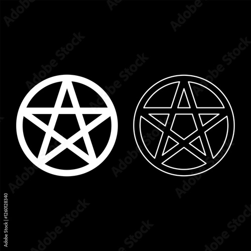 Pentakl Neopagan Wicca Pentacle Neo paganism sign five pointed star in circle inside round Pentagram magic symbol set icon white color vector illustration image solid fill outline contour line thin 