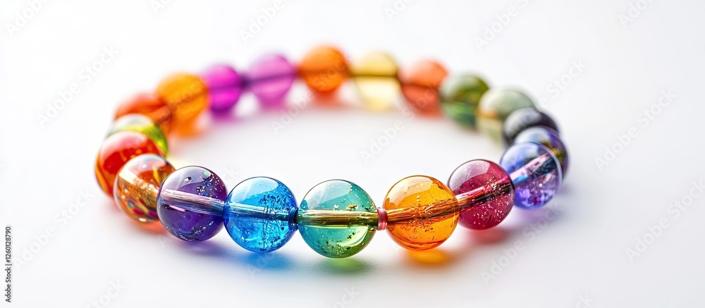 Colorful glass bead bracelet with vibrant hues of red, orange, yellow, green, blue, and purple arranged in a circular shape on a white background. Colorful glass bead bracelet with vibrant hues of red, orange, yellow, green, blue, and purple arranged in a circular shape on a white background.