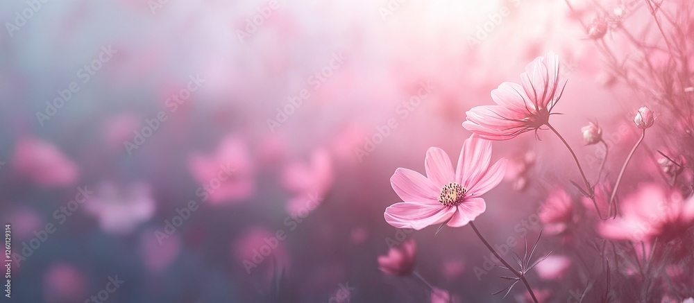 Obraz premium Soft focus cosmos flower garden with pink and lavender hues, foreground blooms in sharp detail against a dreamy blurred pastel background.
