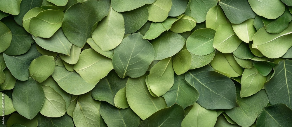 Naklejka premium Lush green leaves overlapping in various shades of green creating a textured organic background filled with nature's serenity and beauty.