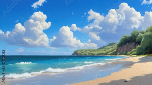 A peaceful beach on a remote island with soft sand and gentle waves under a bright blue sky.