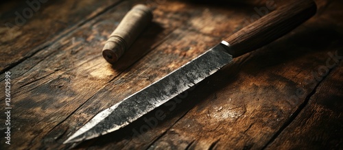 Closeup of a metal gouge tool with a wooden handle on a textured dark wooden workbench, showcasing intricate detailing and craftsmanship.