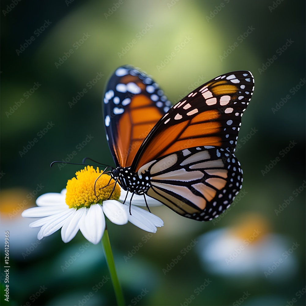Obraz premium Monarch butterfly feeding on daisy, garden bokeh background, nature photography