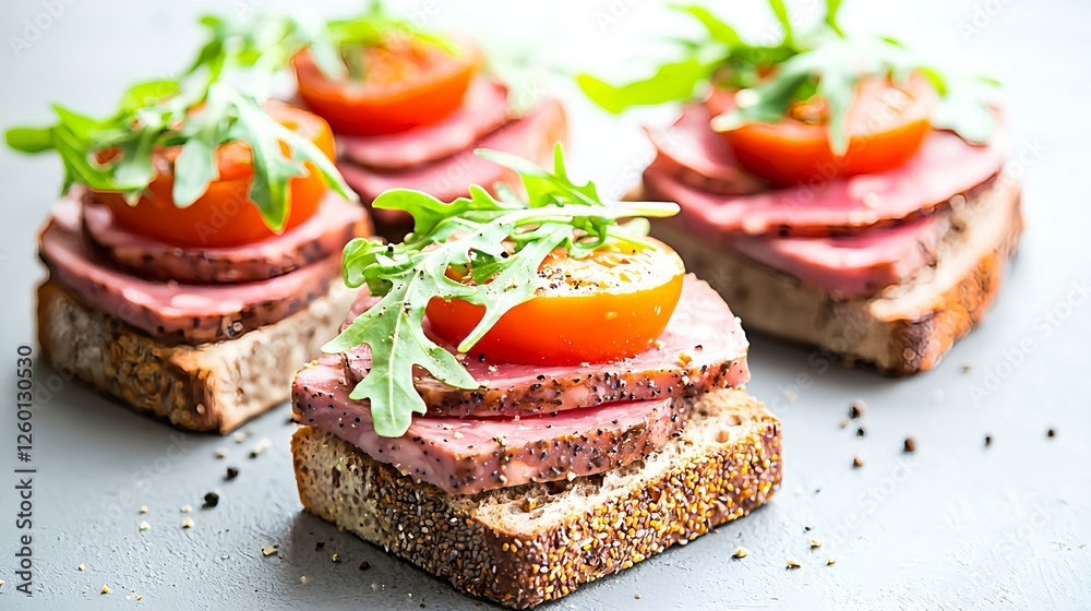 Fresh Open Sandwiches with Tomato and Arugula on Toasted Bread Fresh Open Sandwiches with Tomato and Arugula on Toasted Bread