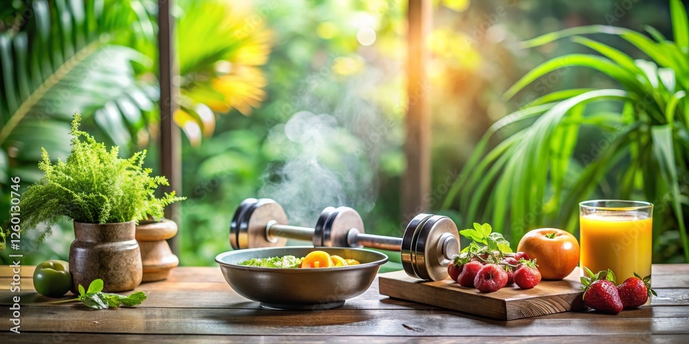 Fresh Fruits and Vegetables with Dumbbell on Wooden Table Fresh Fruits and Vegetables with Dumbbell on Wooden Table
