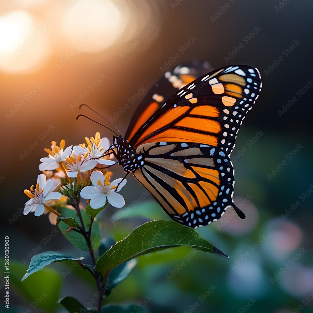 Fototapeta premium Monarch butterfly feeding sunset garden bloom nature