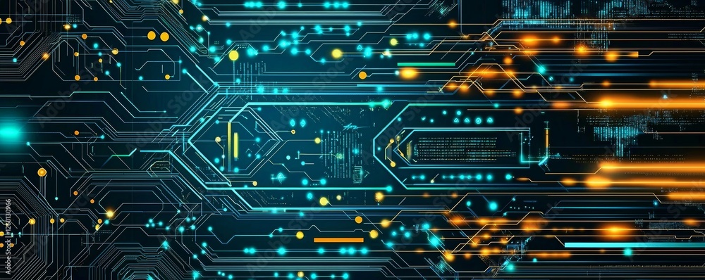 Fototapeta premium Abstract Circuit Board with Glowing Lines and Dots, Digital, Technology ,circuit board, digital art