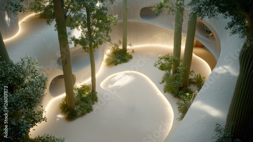 Fototapeta Naklejka Na Ścianę i Meble -  A serene, modern indoor space featuring curvy white surfaces, lush greenery, and soft ambient lighting.