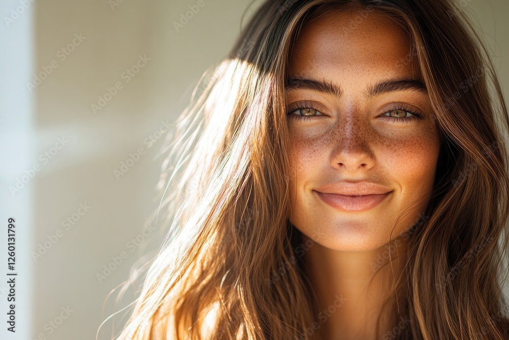 Fototapeta premium Bright sunlight highlights joyful expression and flowing hair, c