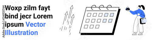 Calendar with highlighted dates, upward arrows symbolizing growth, and a businesswoman holding a cup. Ideal for planning, productivity, business strategy, growth, organization, scheduling flat