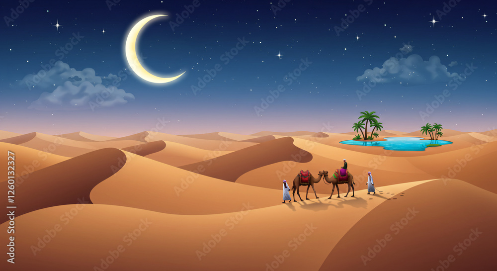 Fototapeta premium A serene Ramadan night desert landscape under a crescent moon, with a caravan heading towards an oasis, in a soft glowing digital illustration