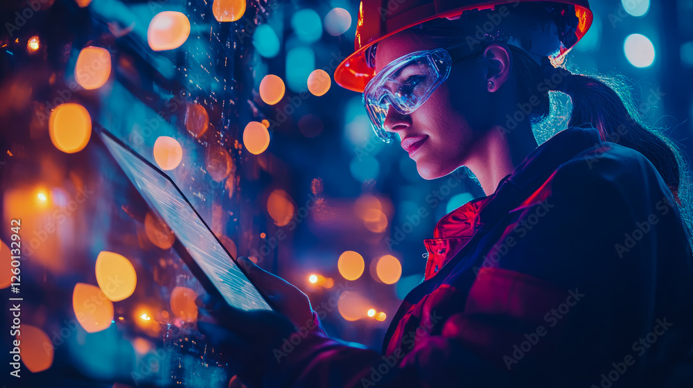 Obraz premium Female Engineer Inspecting Digital Display at Night