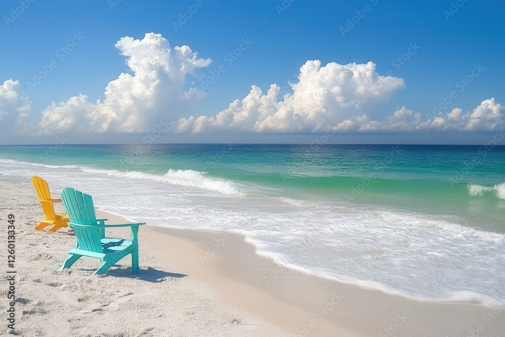 Colorful beach chairs beside the ocean waves. Colorful beach chairs beside the ocean waves.