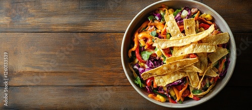 Colorful salad with crunchy tortilla strips in a deep bowl on a wooden table, featuring green, red, and yellow vegetables, top view arrangement.