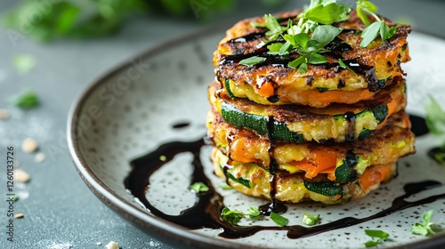 A beautifully plated carrot and zucchini fritter tower with a balsamic reduction drizzle, isolated on a neutral grey background