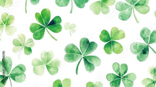 Watercolor clover isolated on white background, Lucky clover leaves with four leaf,Clover flowers background,Patricks day watercolor clipart,Spring flower pattern,St. Patrick s day seamless pattern.
