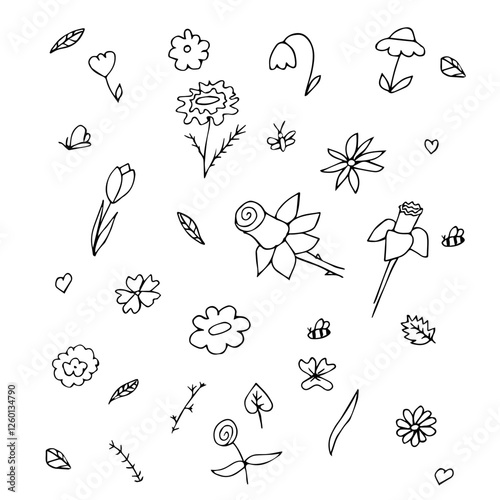 A hand-drawn set of flowers and blades of grass in the children's doodle style. Vector illustration in black ink on a white background