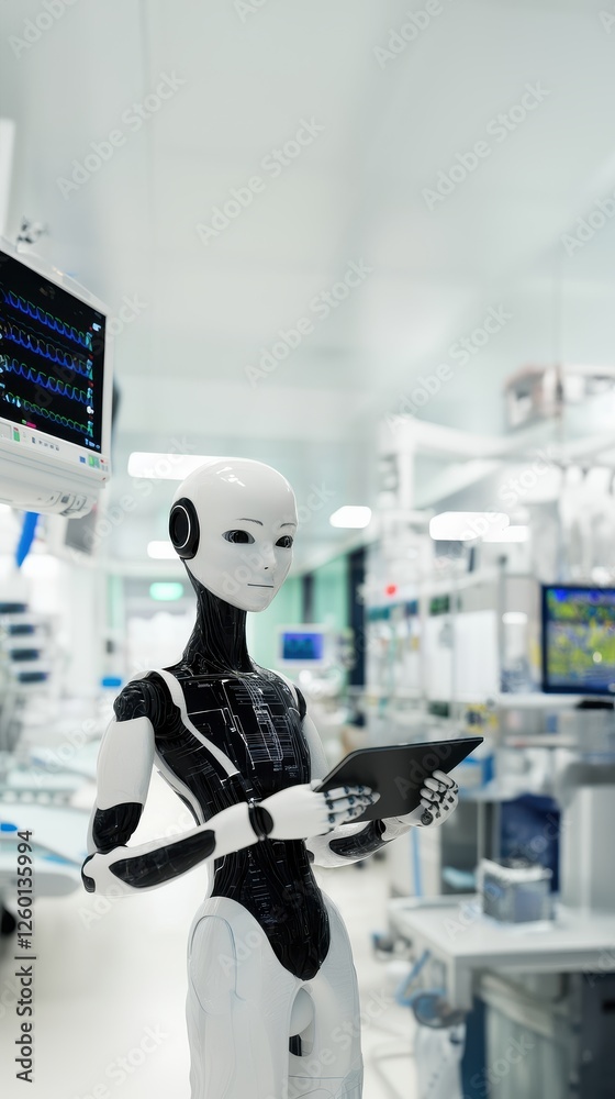 Fototapeta premium A humanoid robot holding a tablet in a blurred hospital background, AI Agents, Virtual Assistant, Conversational AI, Highlights AI powered healthcare