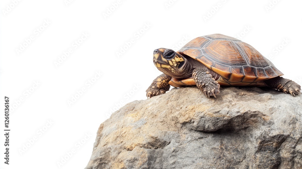 Obraz premium A small turtle in its shell resting on a rock with clear space for design or text beside it.