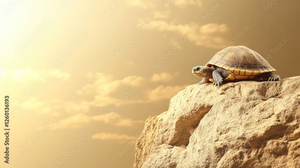 Obraz premium A small turtle in its shell resting on a rock with clear space for design or text beside it.