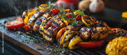 Colorful assortment of grilled vegetables including bell peppers and tomatoes arranged on a dark wooden board with herbs for a vibrant healthy meal. photo