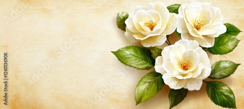 Three Delicate White Roses on a Soft Beige Watercolor Wash Background, Botanical Illustration