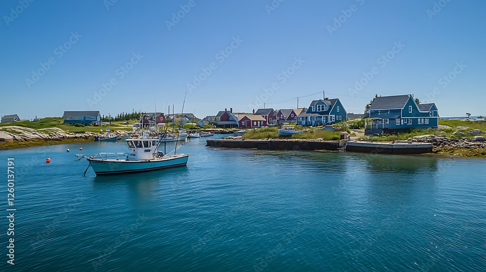 Coastal village harbor, fishing boat, summer day Coastal village harbor, fishing boat, summer day