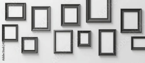 Black frames arranged asymmetrically on a clean white wall, creating an elegant art display with various sizes and shapes for a contemporary feel.