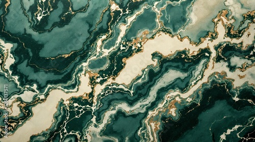 Elegant green marble texture with flowing patterns and gold accents, creating a luxurious and sophisticated feel—perfect for backgrounds or design elements