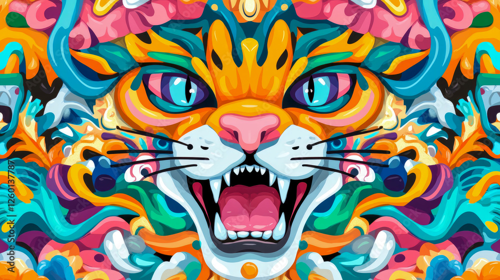 Obraz premium Psychedelic Cat Face: An Abstract Graphic for Prints, Textiles, and Unique Wall Decor