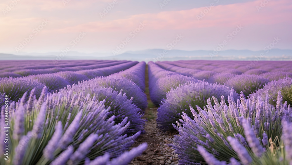 Obraz premium Vibrant Blooming Lavender Field Stretching Towards the Horizon in Full Bloom
