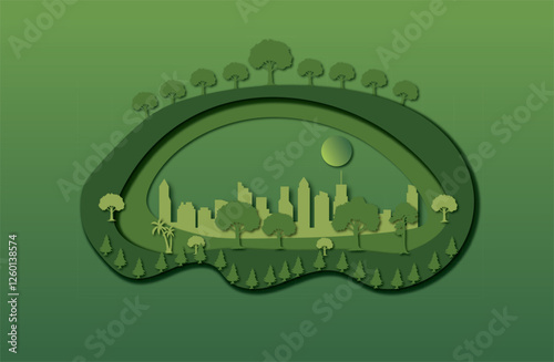 3D landscape illustration, simple style, big city, green nature