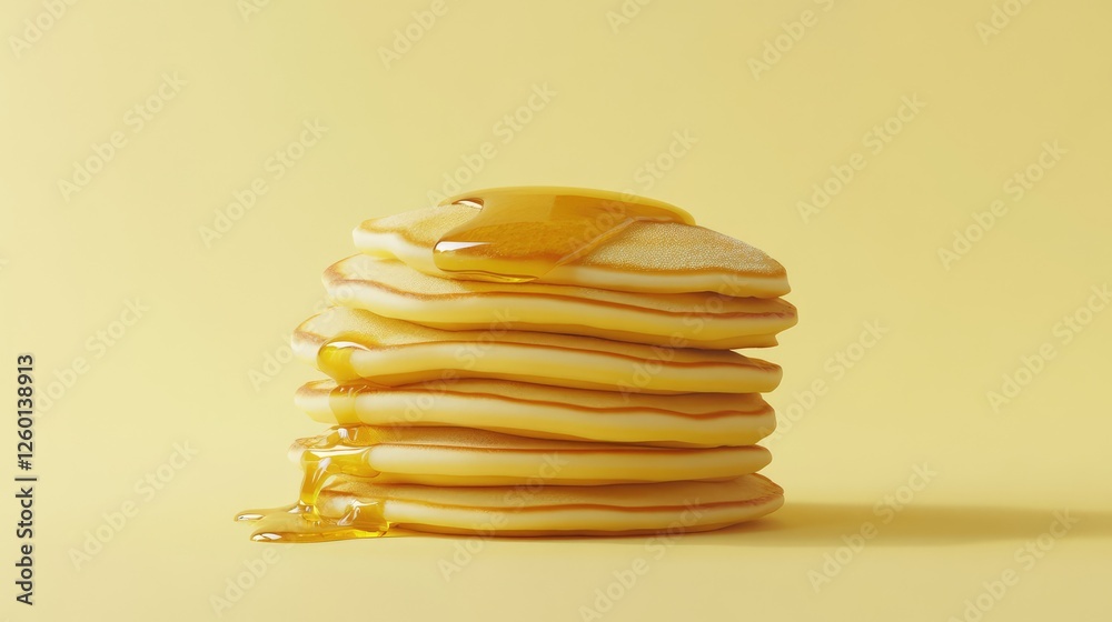 A stack of pancakes with syrup drizzled over, surrounded by a light background for copy. A stack of pancakes with syrup drizzled over, surrounded by a light background for copy.